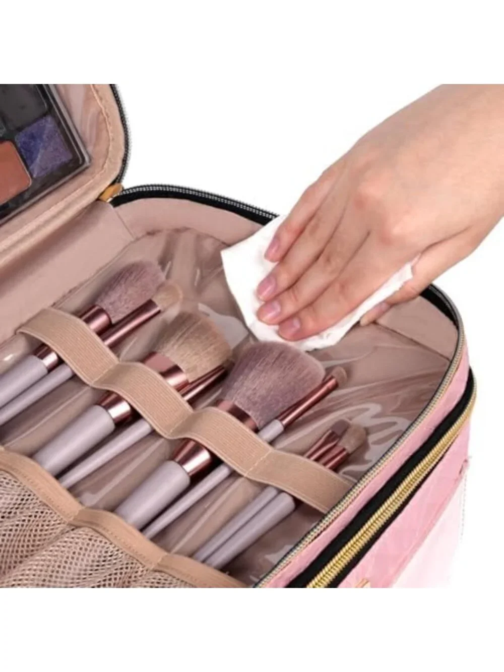 Large Double Layer Travel Makeup Bag - Portable Cosmetic Organizer with Brush